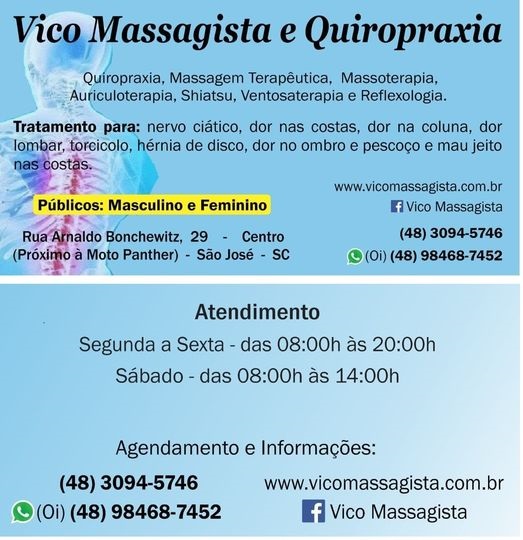 Vico Massagista e Quiropraxia, Massagem Terapêutica e Ventosaterapia - São José SC, profissional